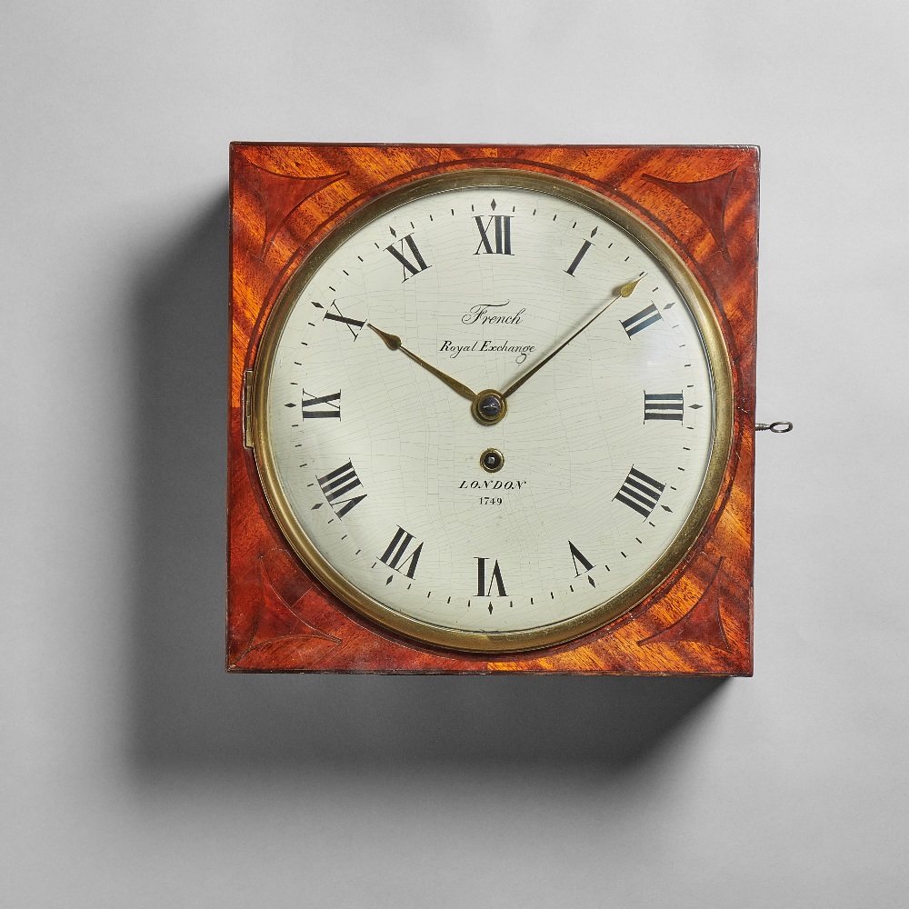 An unusual William IV mahogany and brass-inlaid square dial timepiece By French, Royal Exchange,