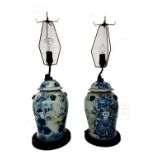 A pair of Chinese blue and white vase and covers (converted to table lamps), each with relief masks,