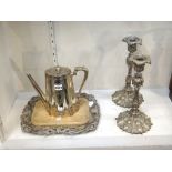 Plated wares, comprising; a Victorian coffee pot, of tapered shaped oval form,