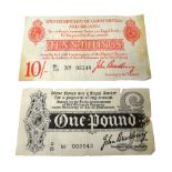 A George V John Bradbury first issue black and white one pound note and a George V John Bradbury