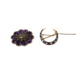 A gold, sapphire and diamond set brooch, designed as a crescent,