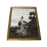 A Chinese reverse-painted mirror , late 18th/19th century, painted with a mother and child, 34cm.