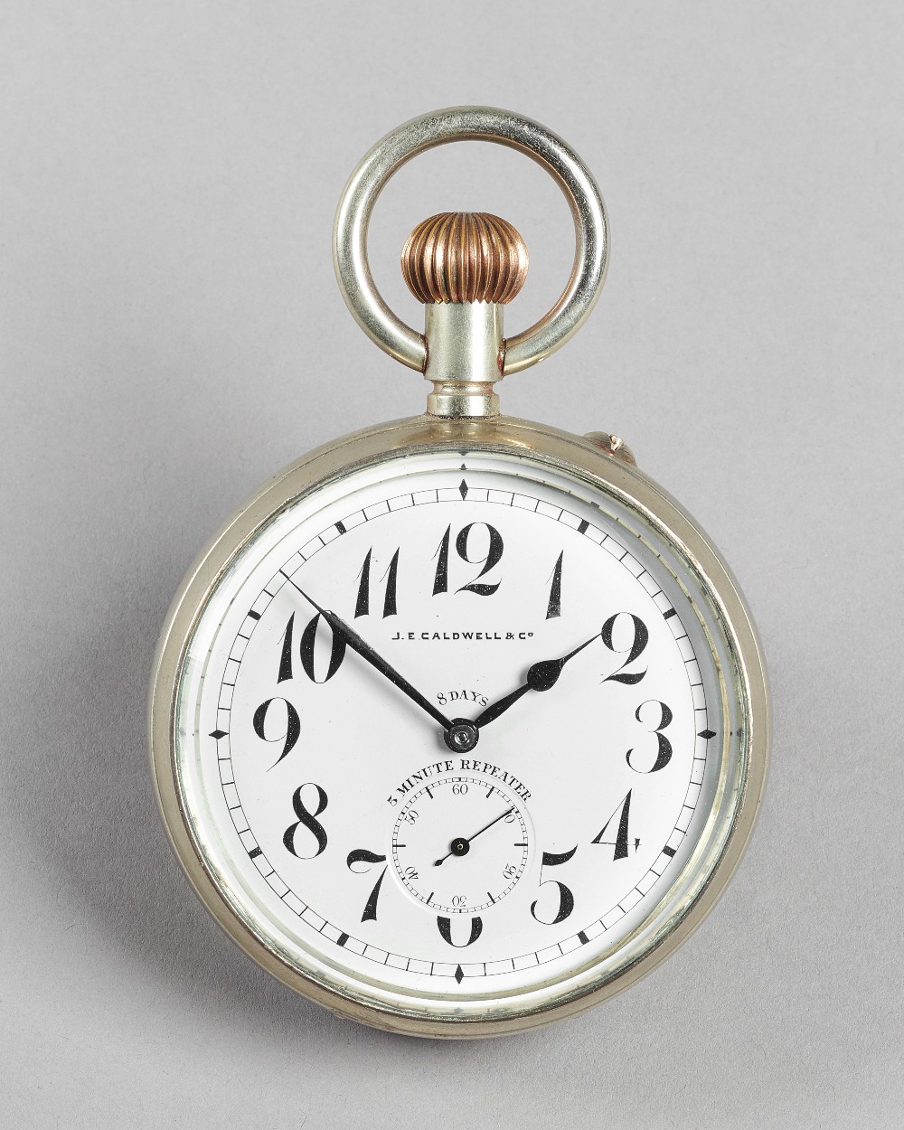 A Swiss nickel cased five-minute repeating open faced keyless eight-day desk watch Circa 1900 The