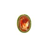 A gold, carved agate, green enamel and rose diamond set oval cameo brooch,