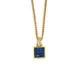 A sapphire and diamond square pendant, set with sixteen calibre cut sapphires,