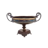 A silver twin handled table centrepiece tazza, of shaped circular form, having serpentine handles,