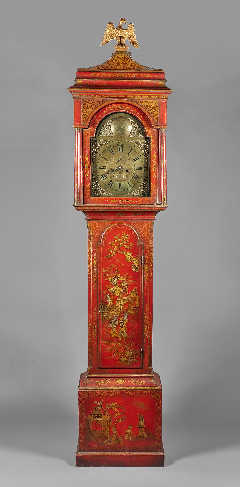 A parcel-gilt red lacquer longcase clock Mid 18th century and later The movement by Thomas May,