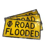 Three 'AA' 'Road Flooded' metal signs, black and yellow, of rectangular shape, 61cm x 31cm, (3).