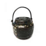 A Japanese patinated bronze and gold flecked koro and cover, Meiji period,