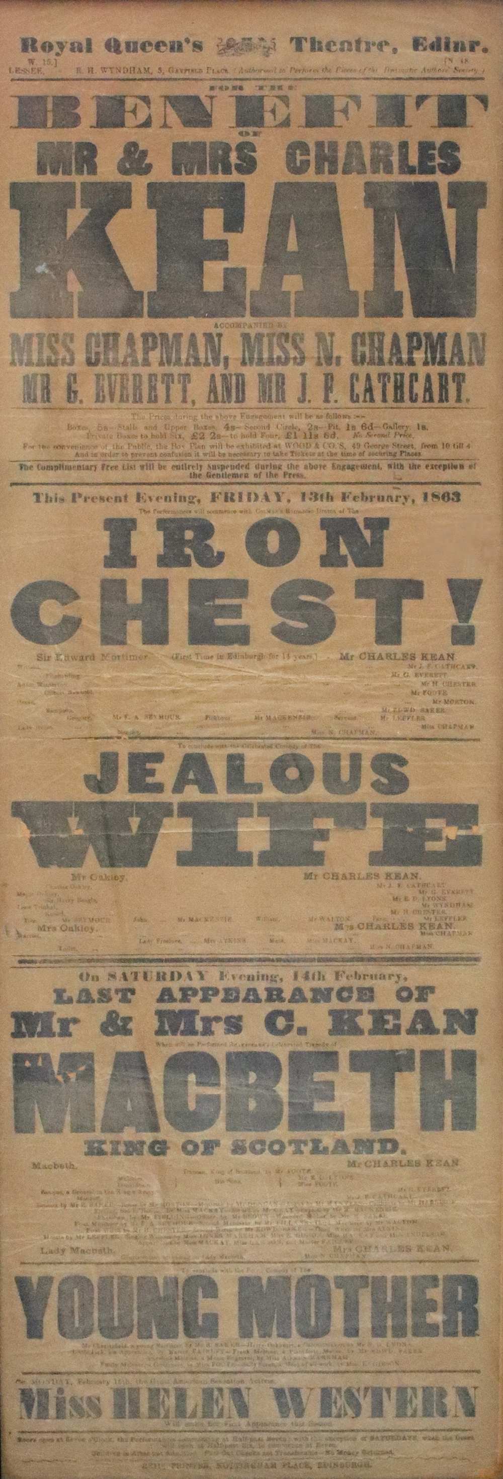 Theatre Bill - Royal Queen's Theatre Edinburgh - 1863, Mr and Mrs Charles Keen in two plays, 75.