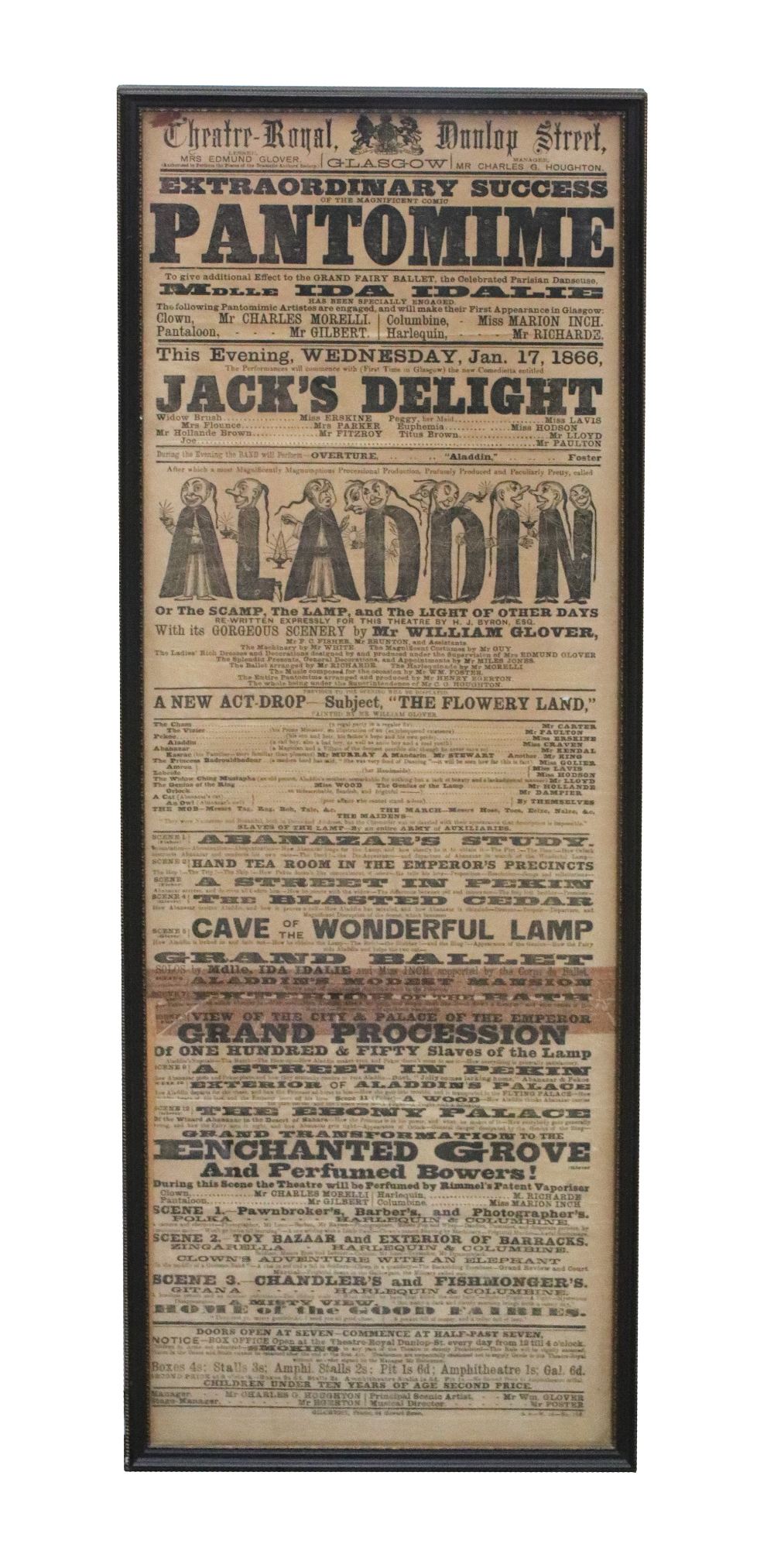Theatre Bill - Theatre Royal Dunlop Street, Glasgow - 1866, Aladdin, 75.5 x 24.5cm, framed. - Image 2 of 2