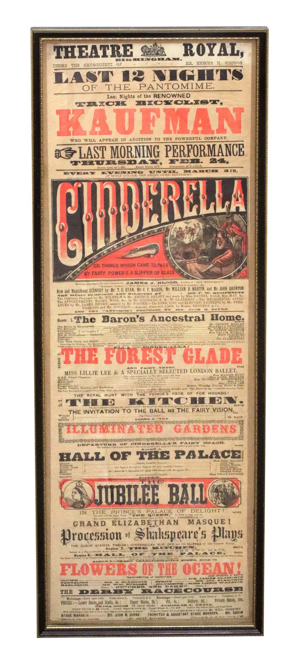 Theatre Bill - Theatre Royal Birmingham, 1887, Cinderella Queen's Jubilee, 74 x 23.5cm, framed. - Image 2 of 2