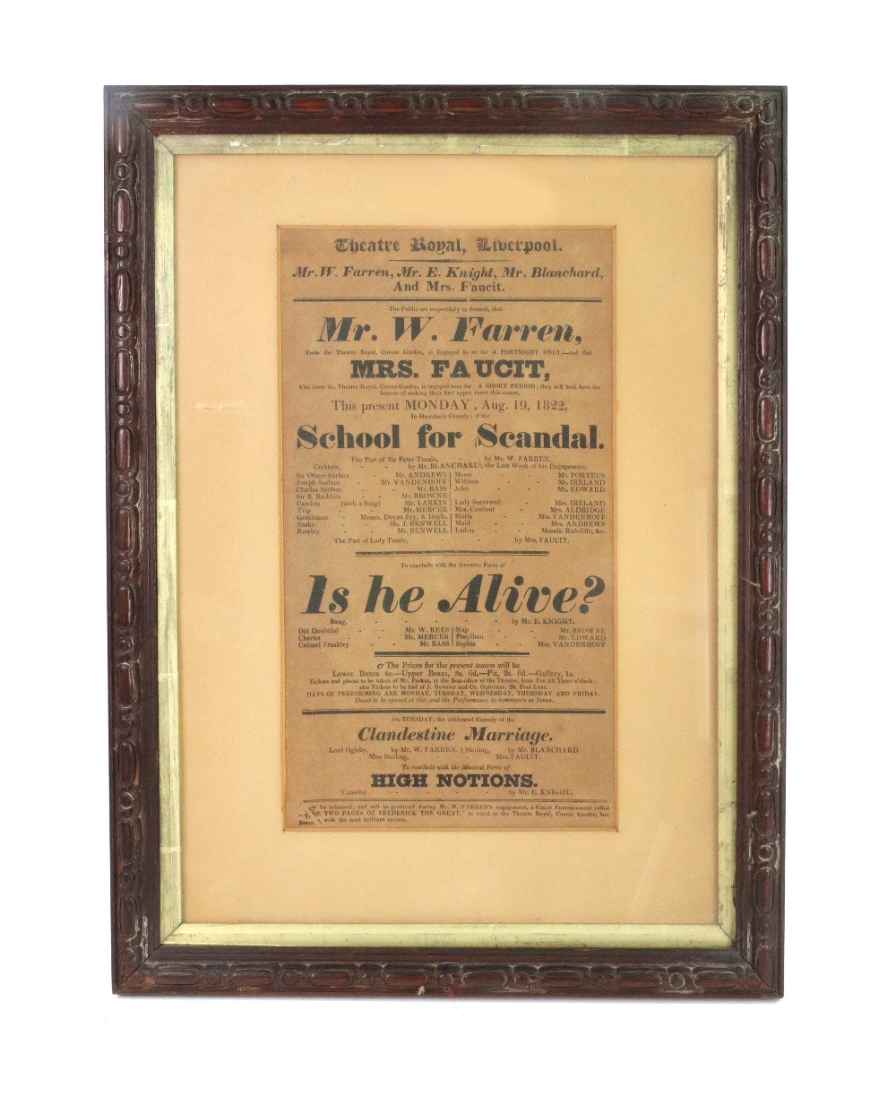 Theatre Bill - Theatre Royal Liverpool, 1822, School for Scandal and Is He Alive?, 31 x 17cm, - Image 2 of 2