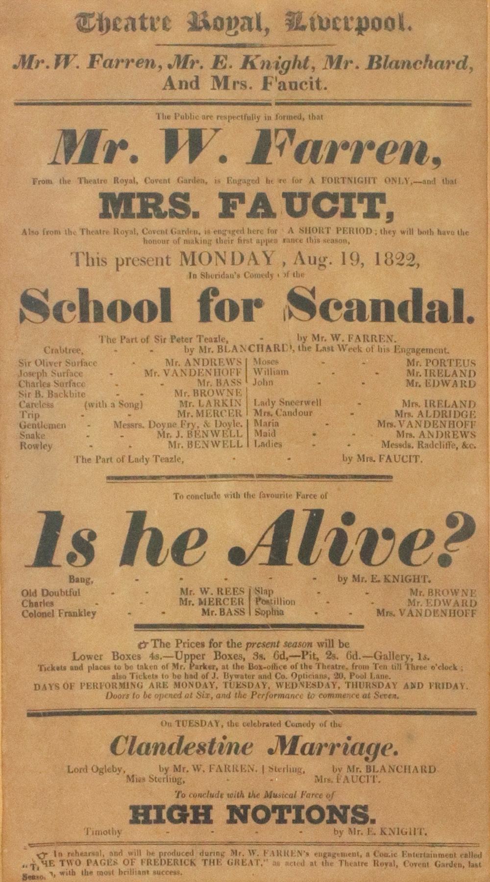 Theatre Bill - Theatre Royal Liverpool, 1822, School for Scandal and Is He Alive?, 31 x 17cm,