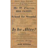 Theatre Bill - Theatre Royal Liverpool, 1822, School for Scandal and Is He Alive?, 31 x 17cm,