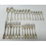 Silver double struck fiddle and thread pattern table flatware, comprising; two tablespoons,