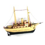 A tinplate model boat, 'Amanda', 20th century, polychrome painted with a German flag, 53cm wide,