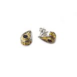 A pair of yellow and white metal and garnet set single stone earstud drops,