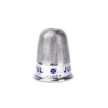 A Victorian silver and blue enamelled spirit measure, designed as a thimble,