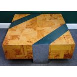 Paul Evans; a 20th century burl patchwork and polished steel square coffee table,