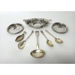 Silver, comprising; a pair of circular dishes, each with a differing standing dog motif,