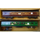 An Exley O gauge Southern Railway electric passenger coach, and an Exley O gauge Royal Mail coach,