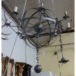 A silver painted wrought iron eight branch chandelier, late 20th century, of Armillary sphere form,