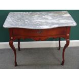 A Louis XV side table, the later grey marble serpentine top over a cherry single drawer base,