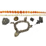 A single row necklace of graduated cornelian beads, another bead necklace, two jargoon set brooches,