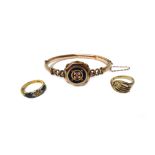 A 9ct gold and mosaic oval hinged bangle, on a snap clasp, Chester possibly 1905, an 18ct gold ring,
