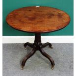 A George III and later mahogany occasional table, the oval snap top on four downswept supports,