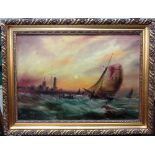 ** Dufour (early 20th century), Shipping in a swell at sunset, oil on canvas, signed, 50cm x 70cm.