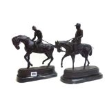 A modern patinated bronze figure of a mounted jockey,