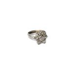 A diamond set seven stone cluster ring, mounted with a cushion shaped diamond at the centre,
