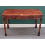 An 18th century style figured walnut three drawer serving table, on channelled square supports,