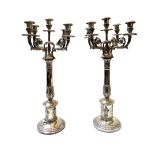 A pair of Danish plated five light table candelabra,