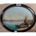 Manner of Gianni, Distant view of St Marks, Venice, oil on board, oval, 16.5cm x 20.5cm.