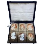 A set of six unmounted carved cameo shell brooches, late 19th century,