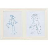 THE PINK PANTHER & YOGI BEAR - pencil production sketches together in a double mount;