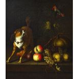Circle of Jakob Bogdani, still life with parrot ad dog, oil on canvas, 75cm x 62cm.