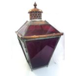 A Victorian copper lantern (later coloured glazing), of square tapering form,