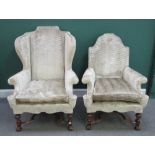 A near pair of late 17th century Flemish design easy armchairs, with arched back and rollover arms,