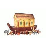 A German wooden Noah's Ark, early 20th century, polychrome painted with 'bluebird' to the roof,