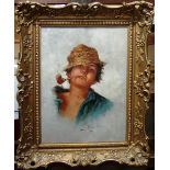 Arturo Petrocelli (1856-1926), The young pipe smoker, oil on canvas, signed, 39cm x 29cm.