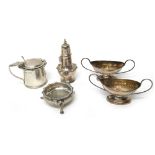 Silver, comprising; a mustard pot, decorated with a shaped rim and thumbpiece, Sheffield 1947,