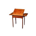 A George III mahogany drop flap reading table, with angle adjustable top over single drawer,