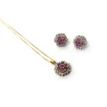 A 9ct gold, ruby and diamond set cluster pendant, with a gold neckchain and a pair of 9ct gold,