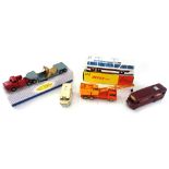 A Dinky 952 Vega Major luxury coach, a Dinky 986 Mighty Antar low loader with propellor,