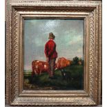 Continental school (19th century), The Cowherd, oil on panel, 17cm x 14cm.