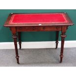 A Victorian oak two drawer writing table, on tapering fluted supports,